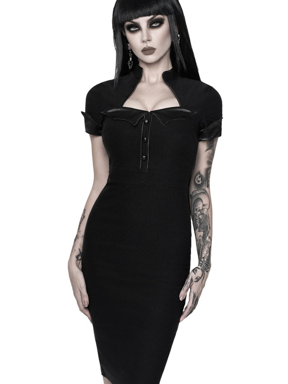 Killstar Goul Friend Midi Black Gothic Pencil Dress with Batwing Collar